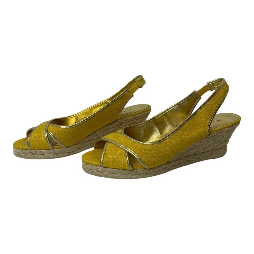 Talbots Lyndsay Yellow Canvas Peep Toe Sling Back Espadrille‎ Wedge Size 9.5